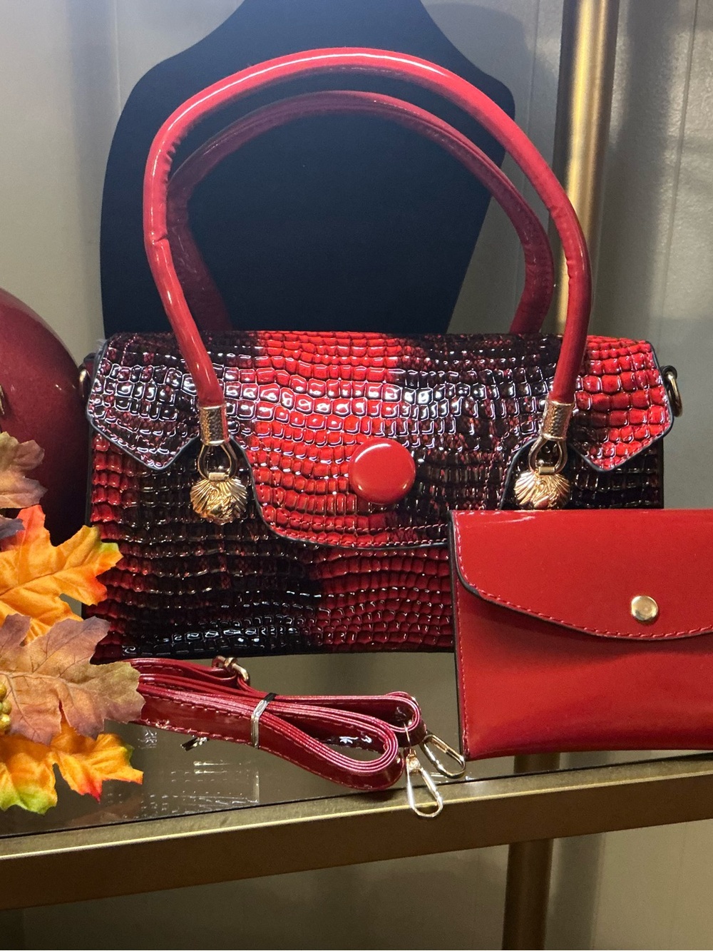 Red Croc-Embossed Patent Top-Handle Bag with Matching Wallet